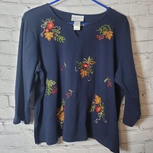 Alfred Dunner Petite Navy Blue Embroidered Floral 3/4 Sleeve Top PL Gold Beads
